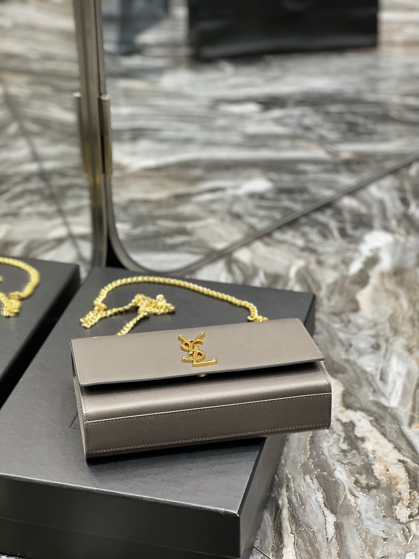 Saint Laurent Kate Small Chain Wallet in Grey Leather with Gold Hardware