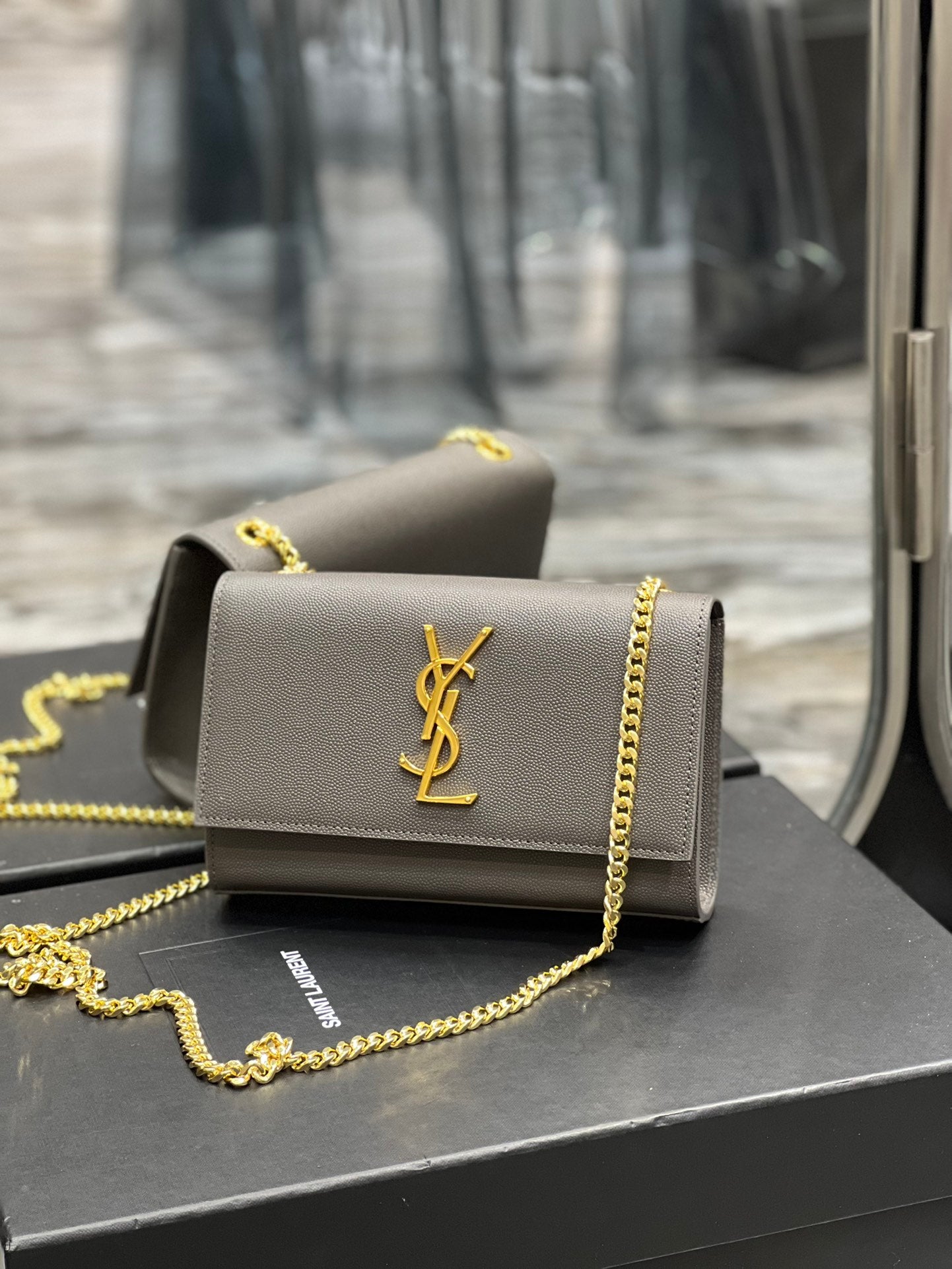 Saint Laurent Kate Small Chain Bag in Grained Leather - Grey