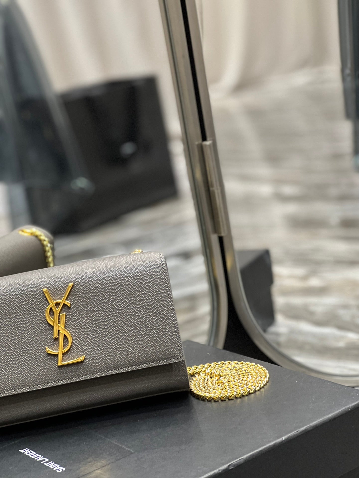 Saint Laurent Kate Small Chain Bag in Grained Leather - Grey