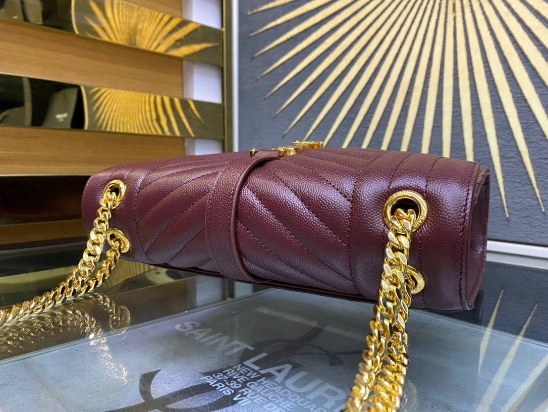 Saint Laurent Envelope Medium Bag in Quilted Grain de Poudre Leather - Burgundy