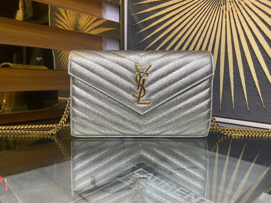 Saint Laurent Cassandre Matelassé Chain Wallet in Silver Quilted Leather