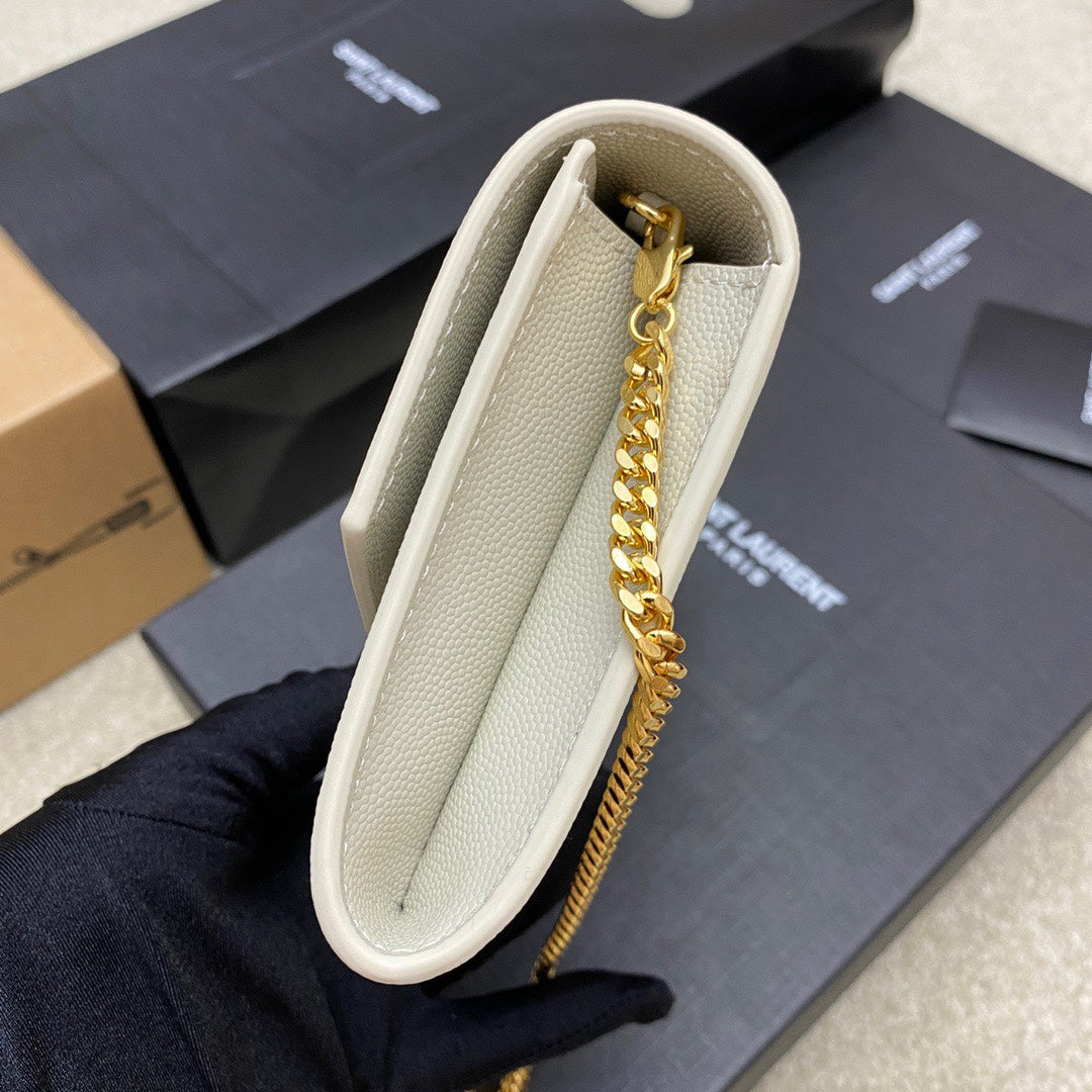 Saint Laurent Uptown Chain Wallet in Grain de Poudre Embossed Leather - Beige