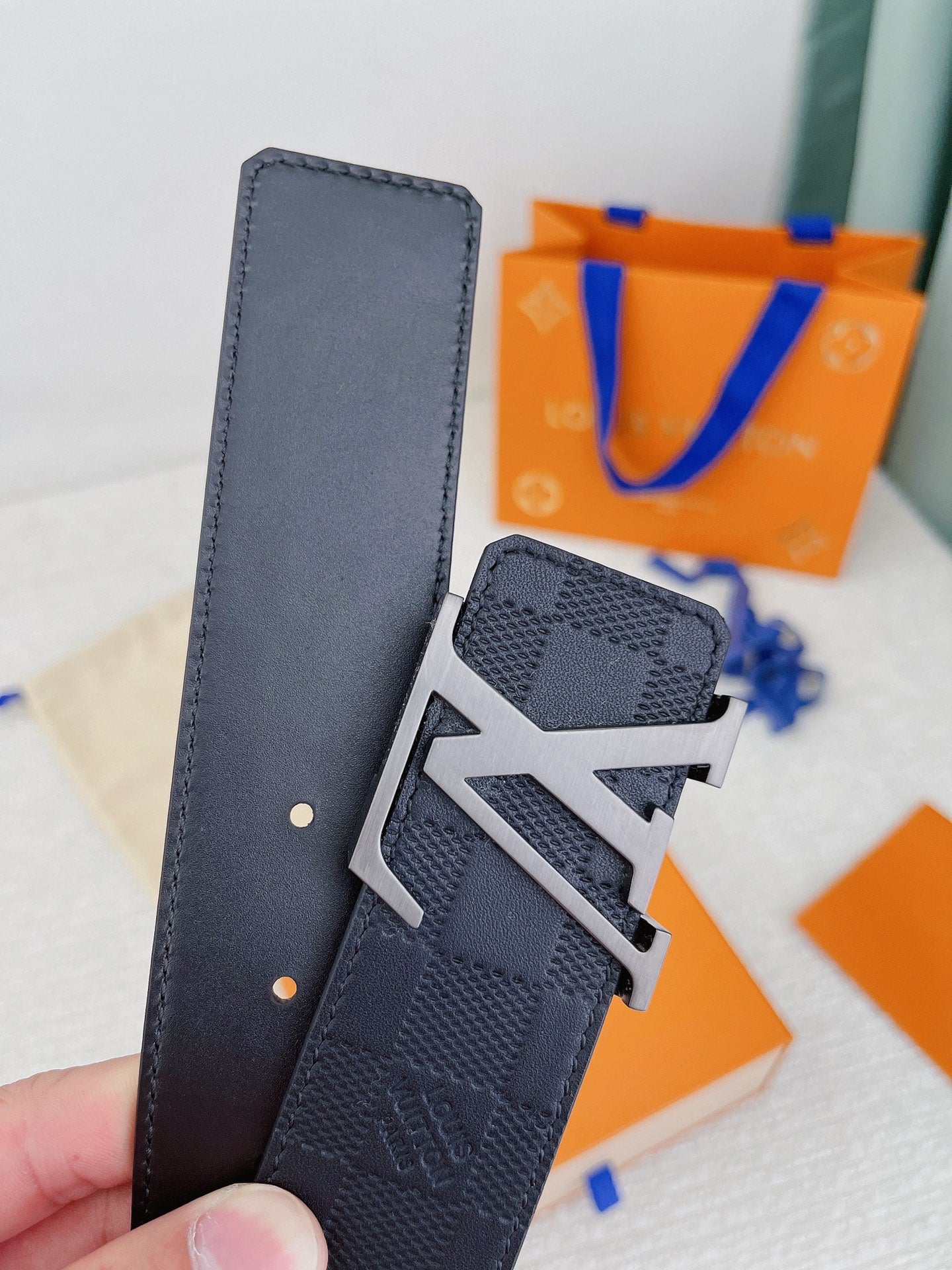 Louis Vuitton Men's LV Initiales Damier Infini Leather Belt - Black Onyx with Silver-Tone Buckle