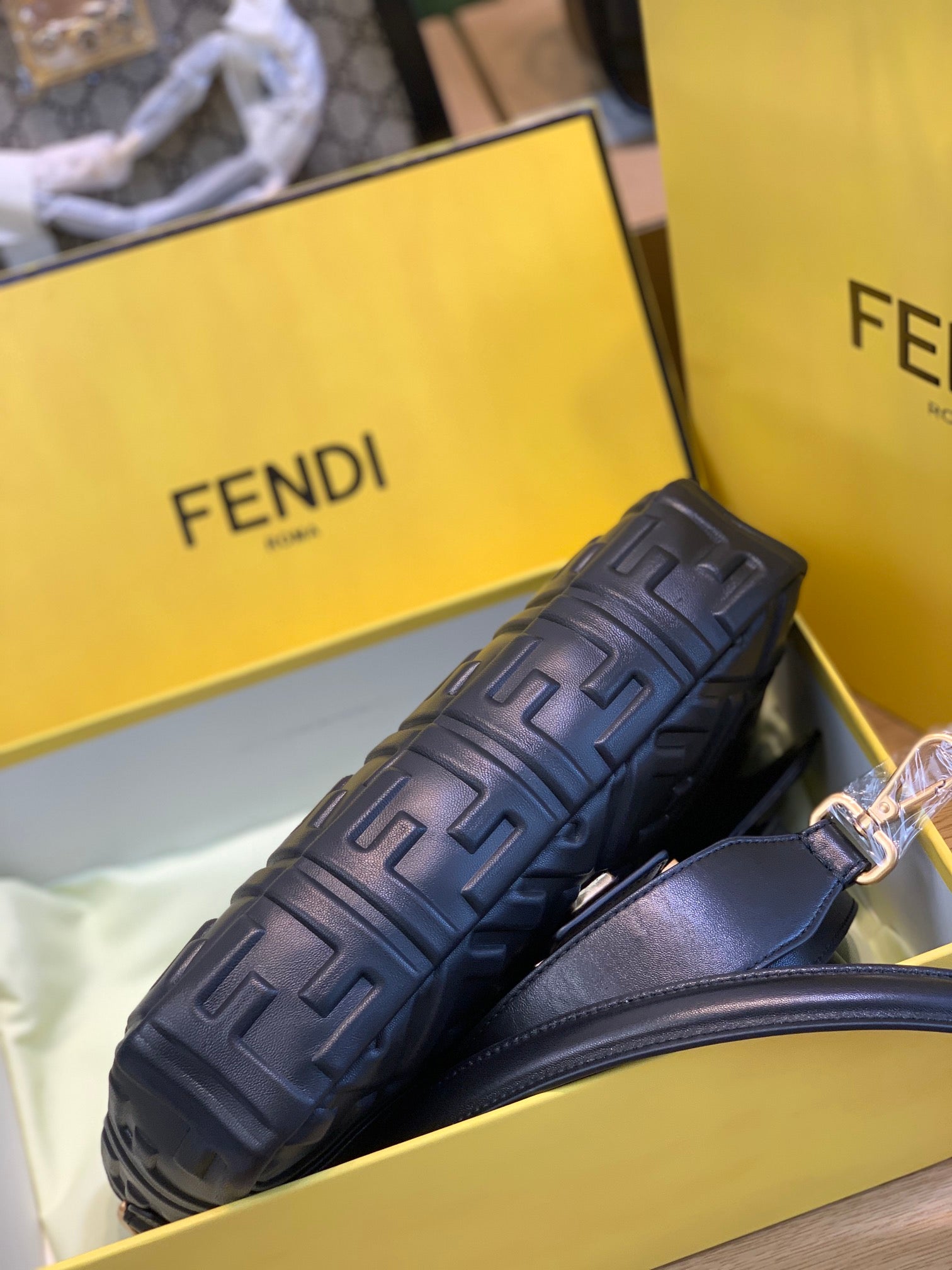 Fendi Black Embossed Nappa Leather Baguette Shoulder Bag with Gold Hardware