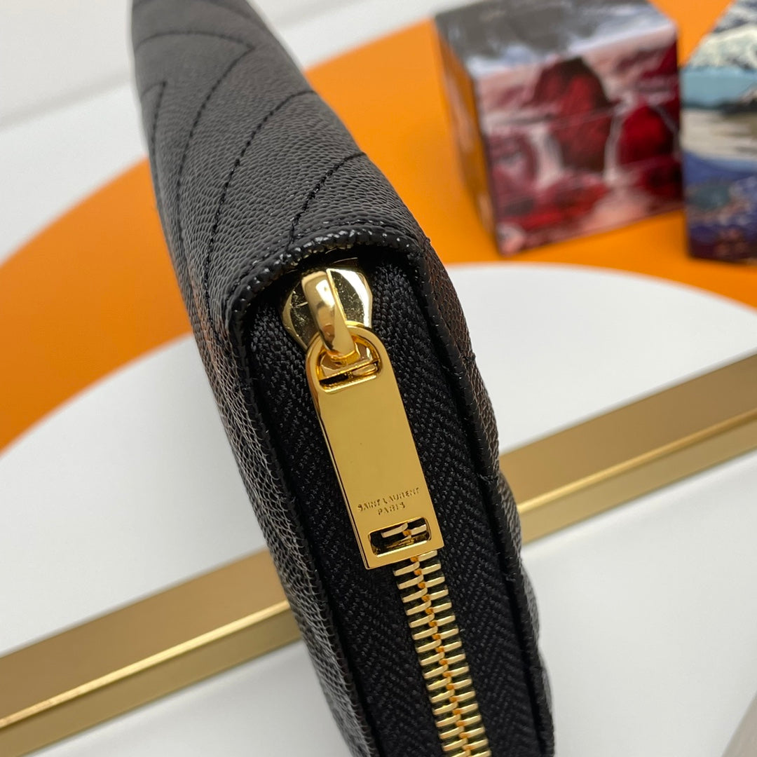 Saint Laurent Monogram Quilted Leather Zip-Around Wallet - Black/Gold