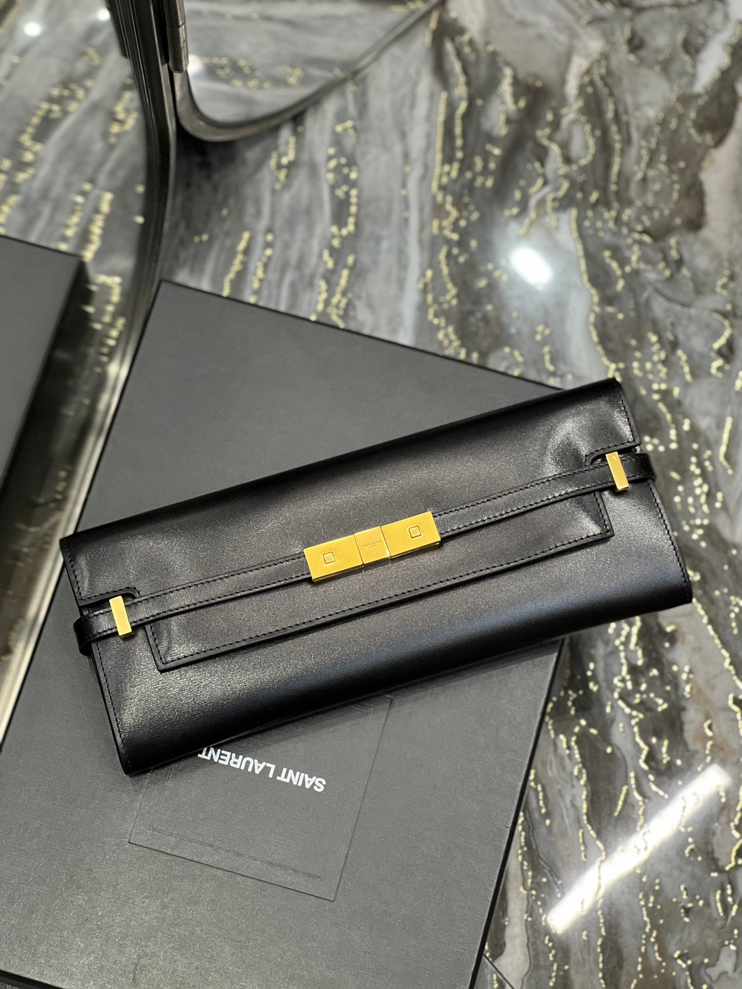 Sophisticated Black Leather Evening Clutch Bag with Gold-Tone Hardware