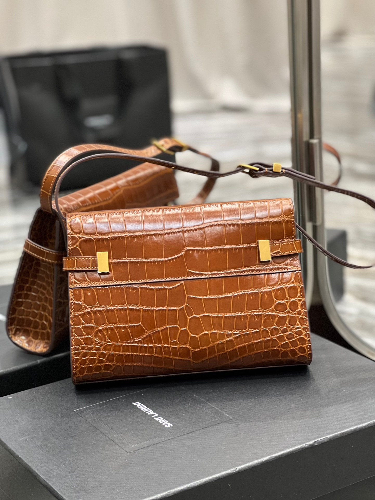 Brown Croc-Embossed Leather Mini Shoulder Bag with Gold Hardware