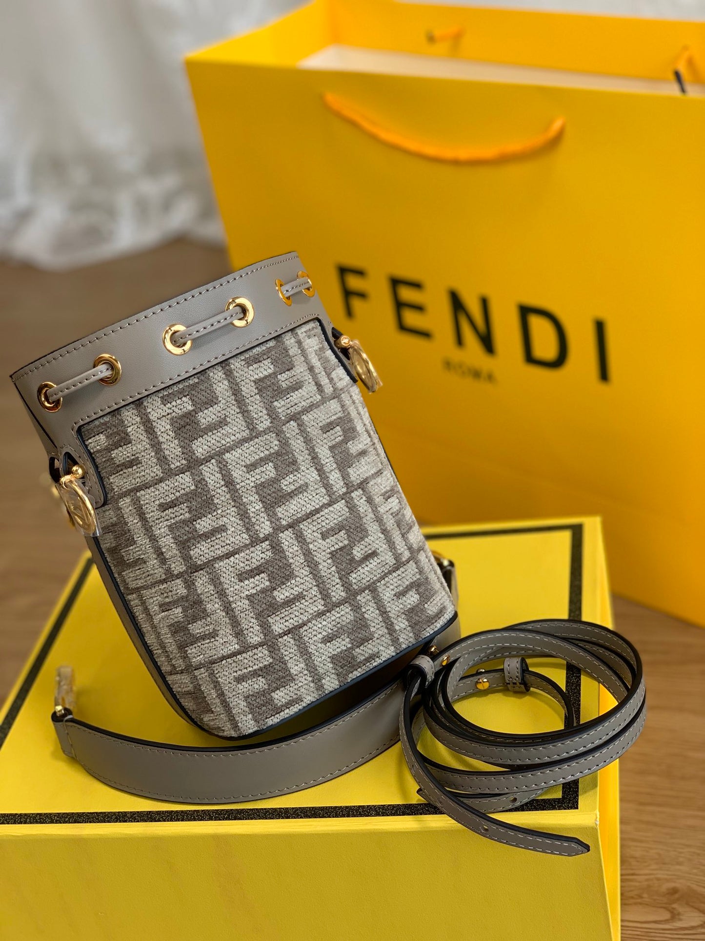 Fendi Mon Tresor Mini FF Monogram Bucket Bag in Grey Fabric