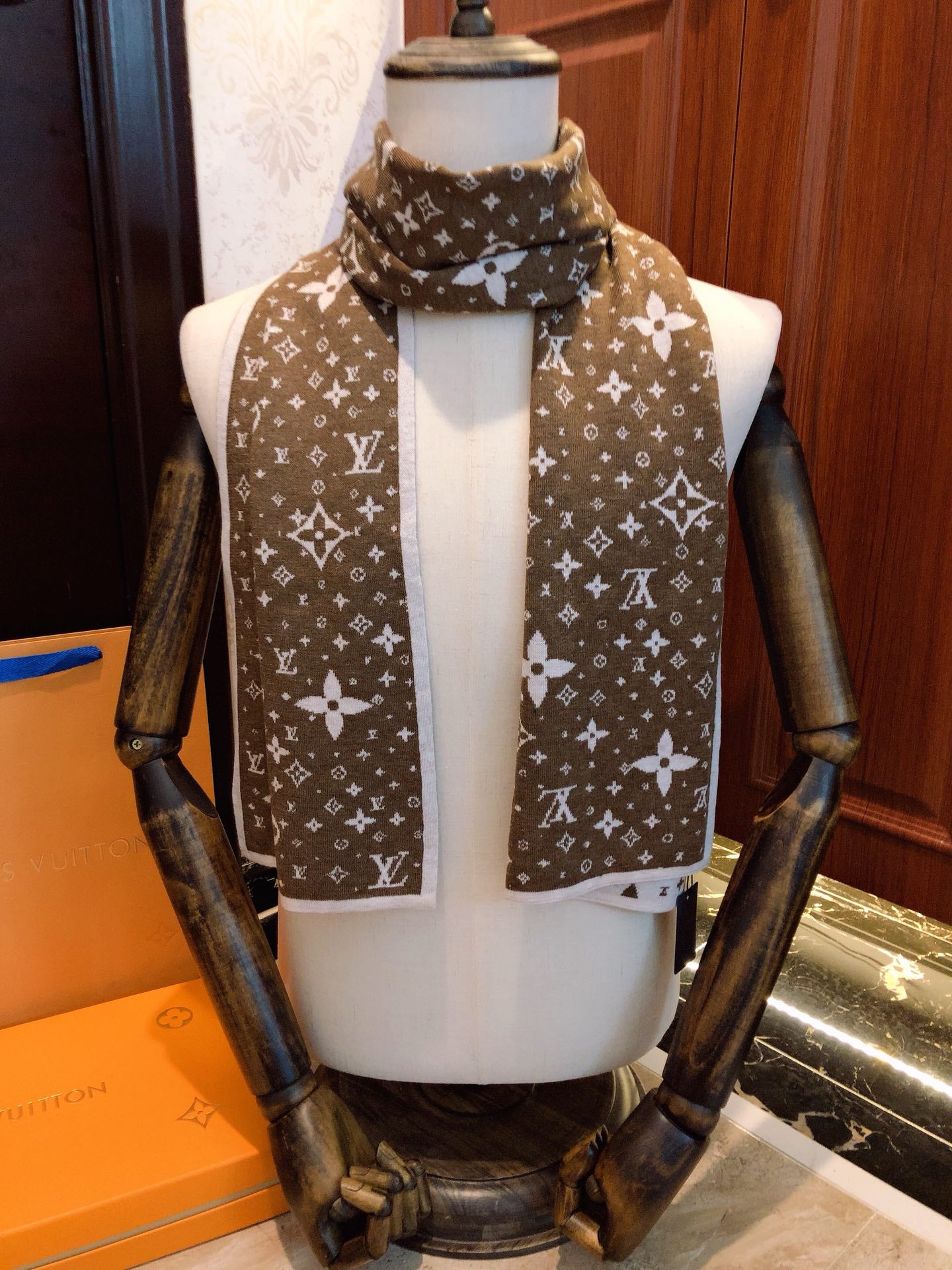 Luxury Brown Monogram Print Scarf for Women, Elegant Silk Blend Fashion Neck Wrap with White Trim