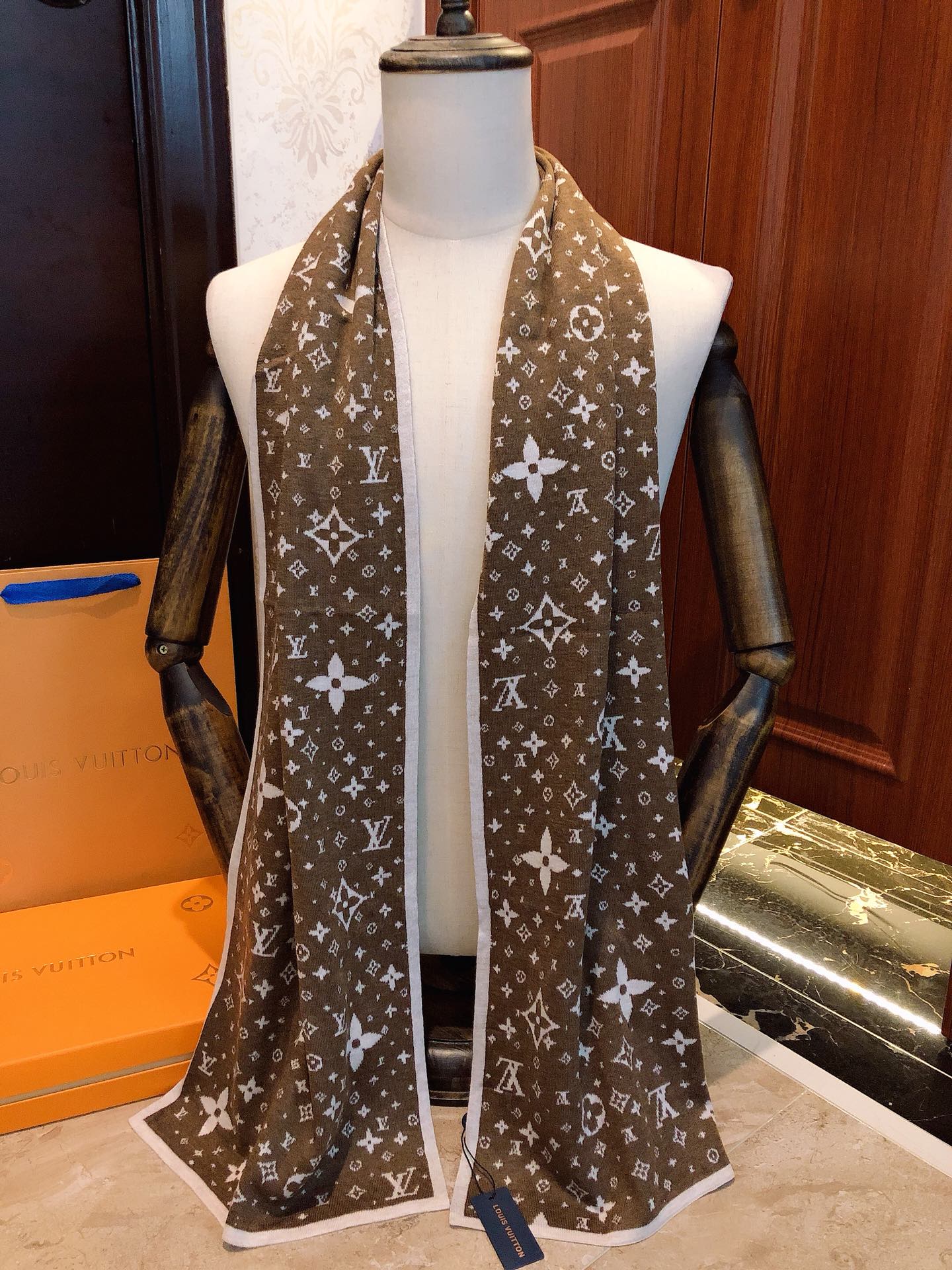 Luxury Brown Monogram Print Scarf for Women, Elegant Silk Blend Fashion Neck Wrap with White Trim