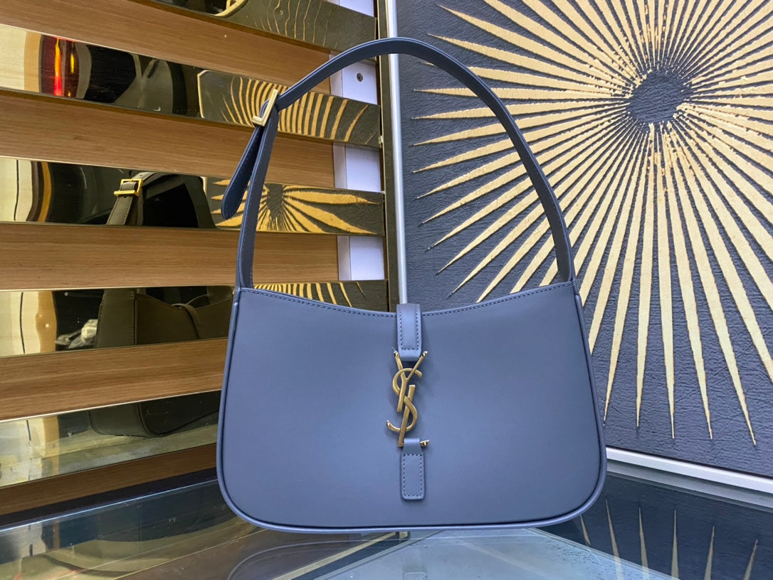 Saint Laurent Le 5 à 7 Small Shoulder Bag in Blue Leather with Gold-Tone YSL Monogram