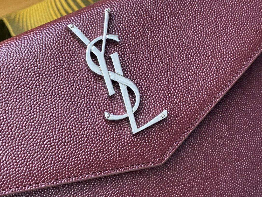 Saint Laurent Cassandre Leather Envelope Clutch - Burgundy Silver Hardware