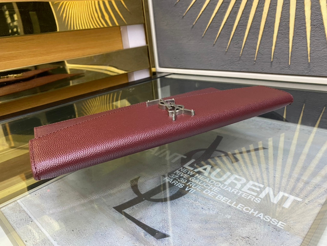 Saint Laurent Cassandre Leather Envelope Clutch - Burgundy Silver Hardware