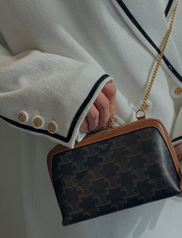 Women's Monogram Patterned Crossbody Bag with Gold Chain Strap - Black/Brown