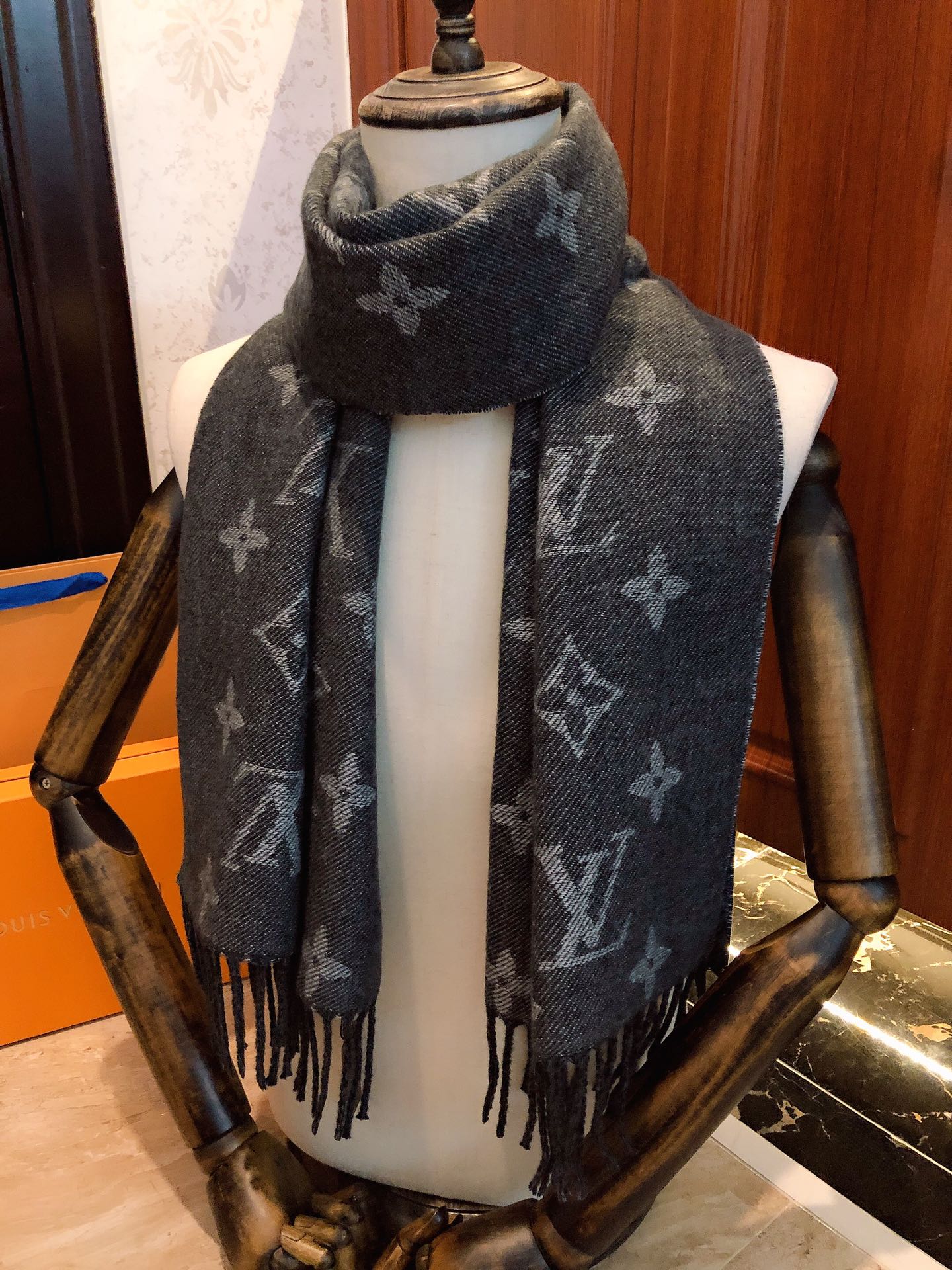 Louis Vuitton Monogram and Houndstooth Wool Scarf - Grey and Black Reversible Fringe Shawl