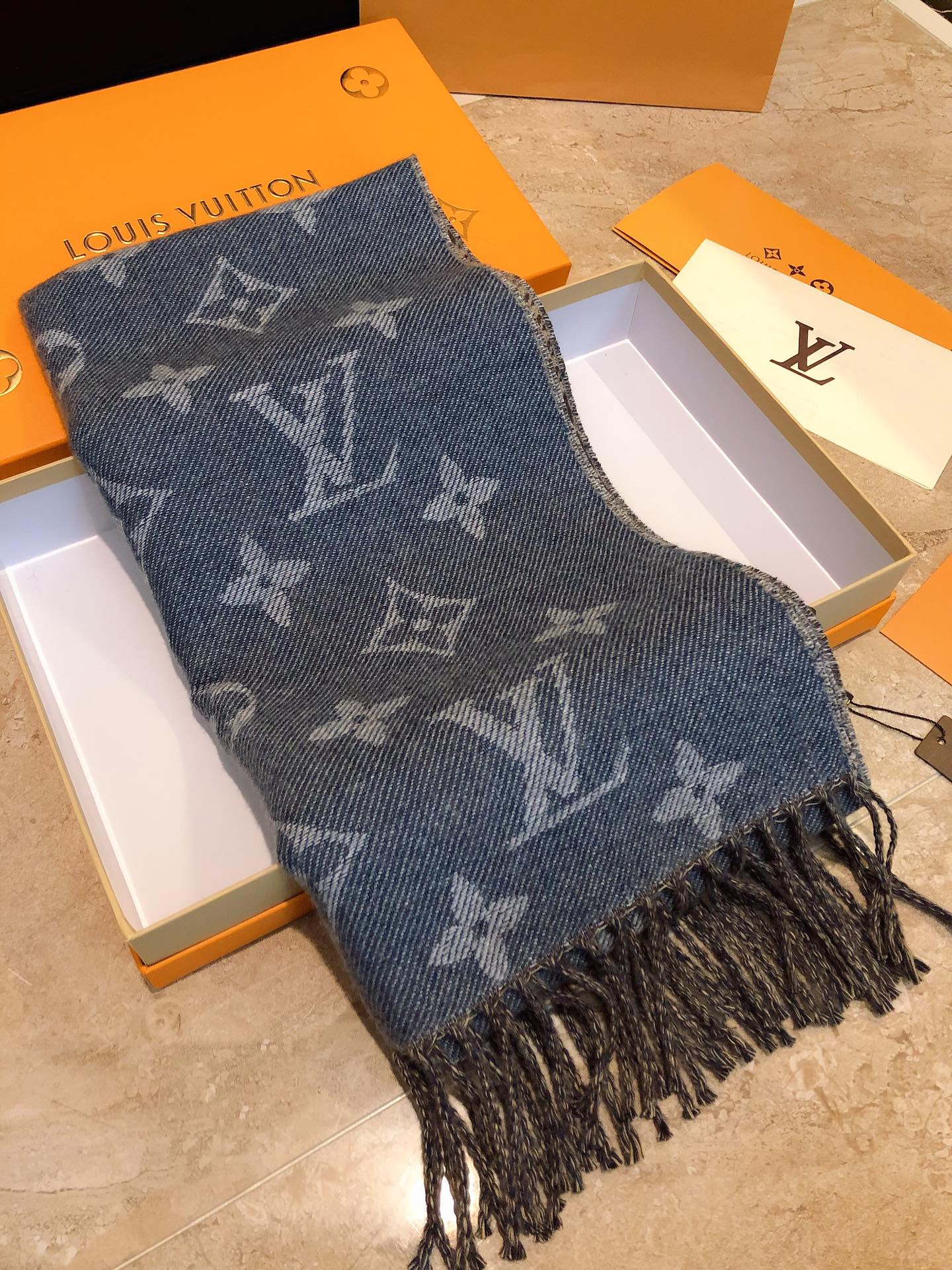 Louis Vuitton Monogram and Houndstooth Reversible Scarf - Blue Denim Grey Wool Blend Shawl with Fringe