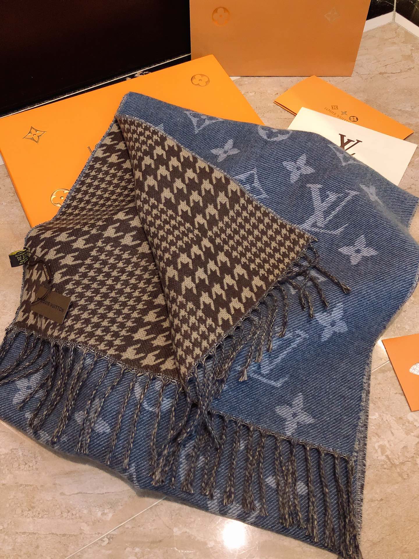 Louis Vuitton Monogram and Houndstooth Reversible Scarf - Blue Denim Grey Wool Blend Shawl with Fringe