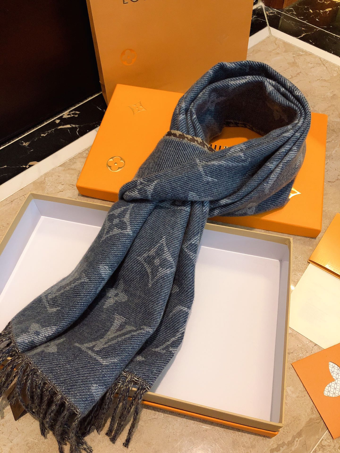 Louis Vuitton Monogram Denim Blue Reversible Wool Silk Scarf Shawl with Fringe