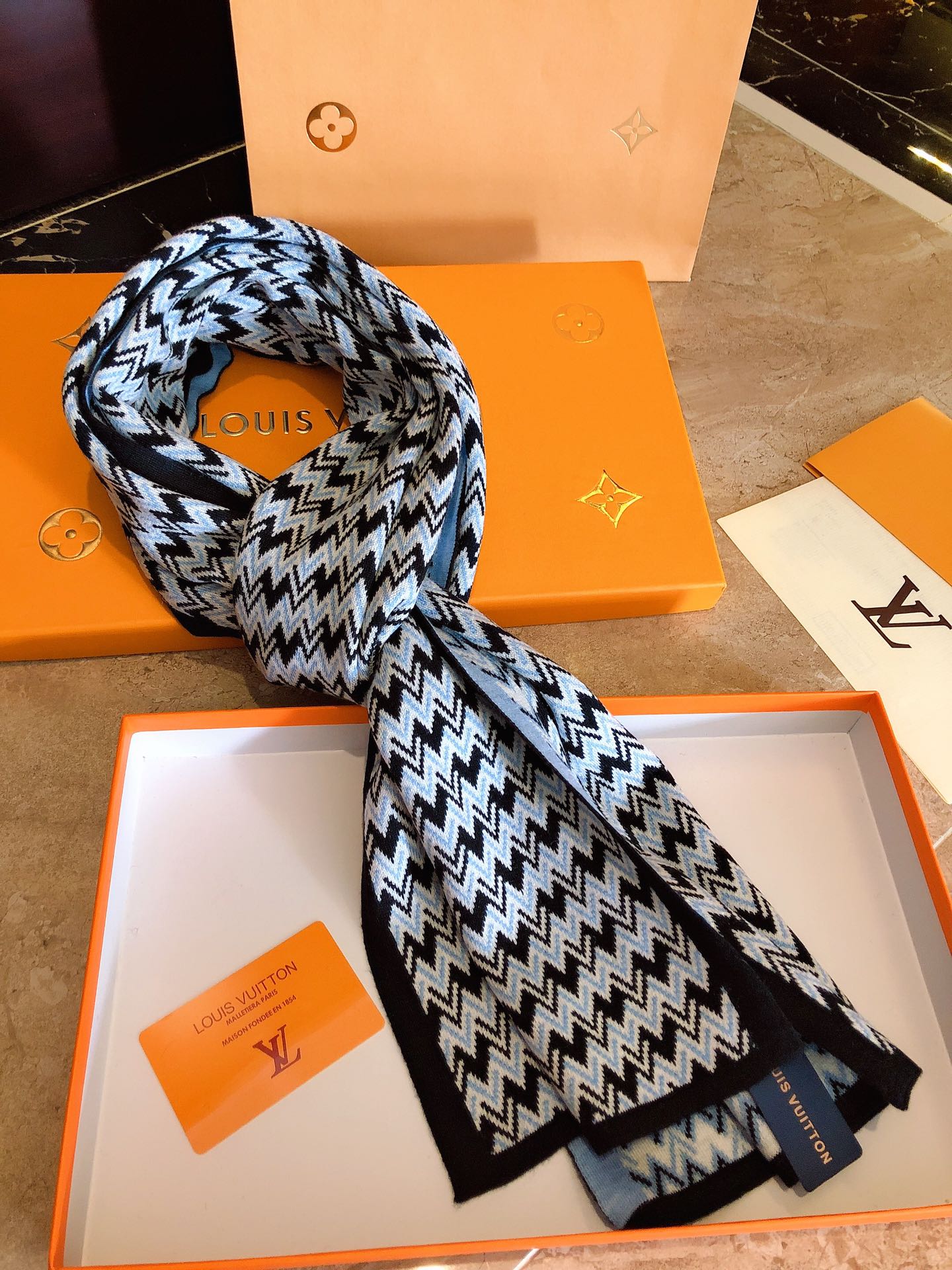 Men's Geometric Chevron Knit Scarf - Black, White, and Blue Patterned Luxury Winter Neck Wrap