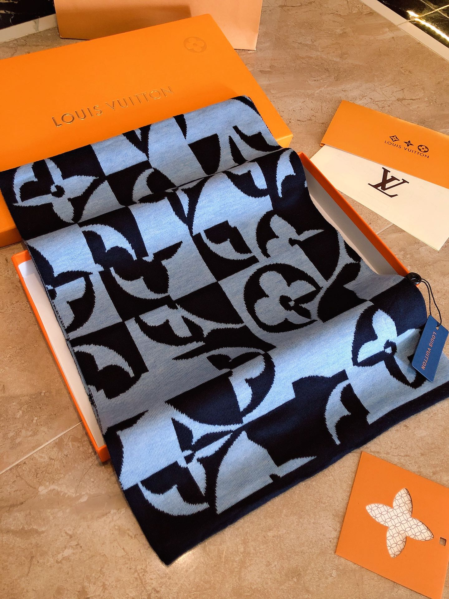 Luxury Light Blue and Black Monogram Graphic Patterned Knit Winter Scarf for Men and Women