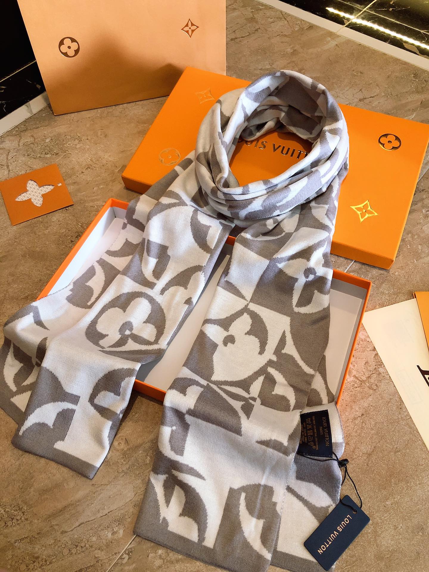 Louis Vuitton Monogram Giant Scarf - Grey and White Luxury Knit Winter Wrap