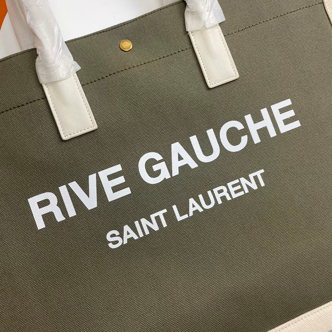 Saint Laurent Rive Gauche Canvas Tote Bag - Olive Green &amp; Cream