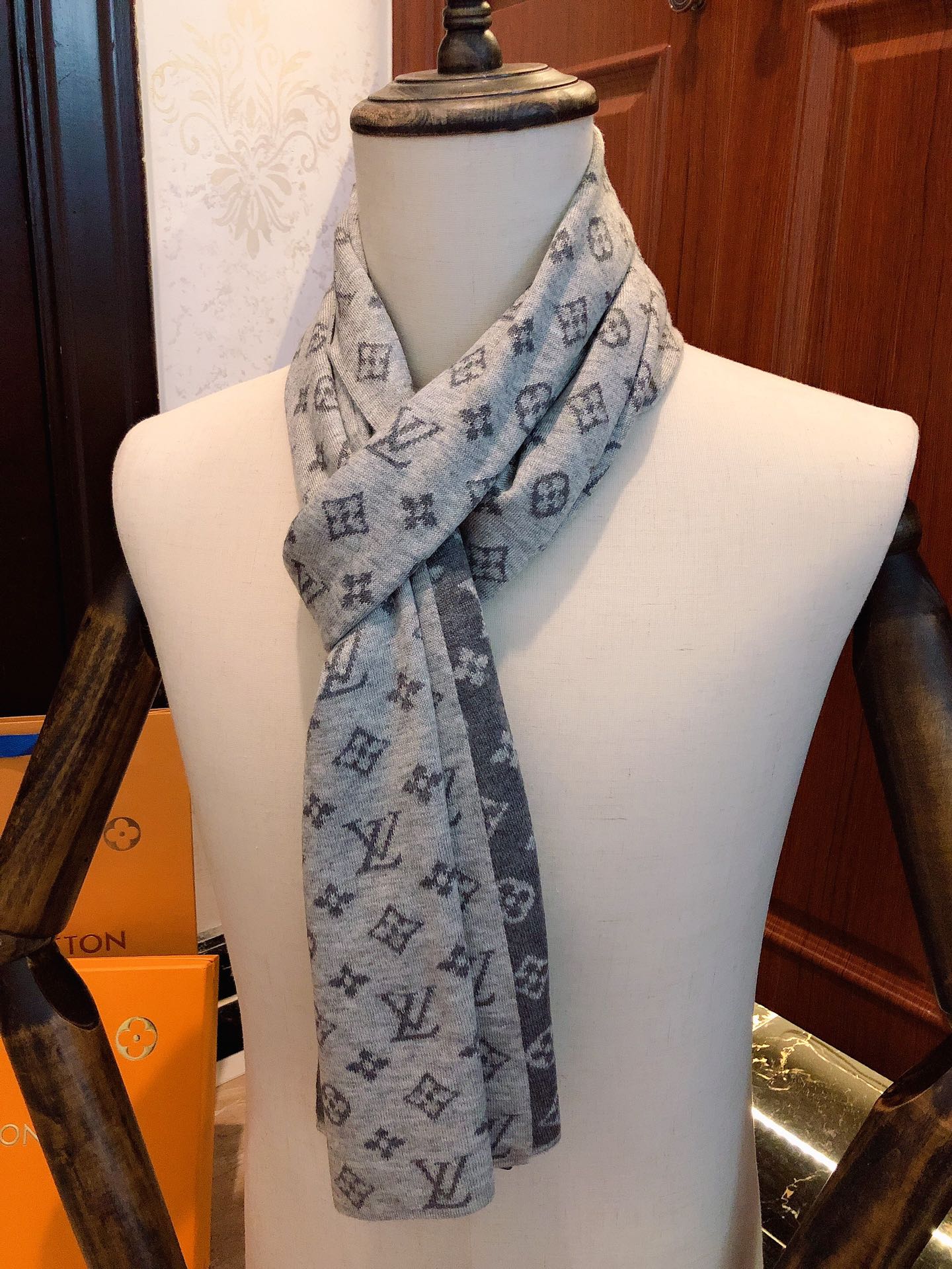 Classic Monogram Pattern Scarf, Grey and Blue Elegant Winter Neck Wrap, Luxury Style Fashion Accessory for Men and Women