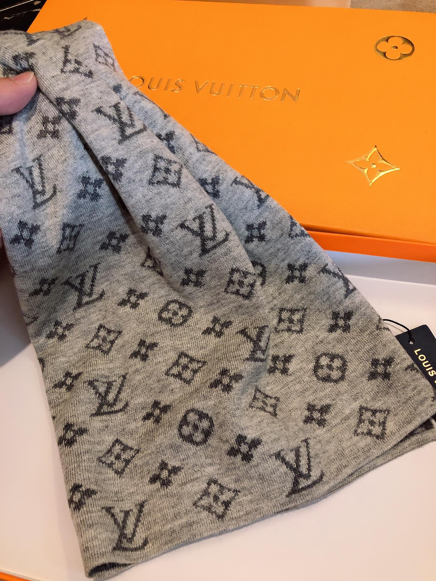 Classic Monogram Pattern Scarf, Grey and Blue Elegant Winter Neck Wrap, Luxury Style Fashion Accessory for Men and Women