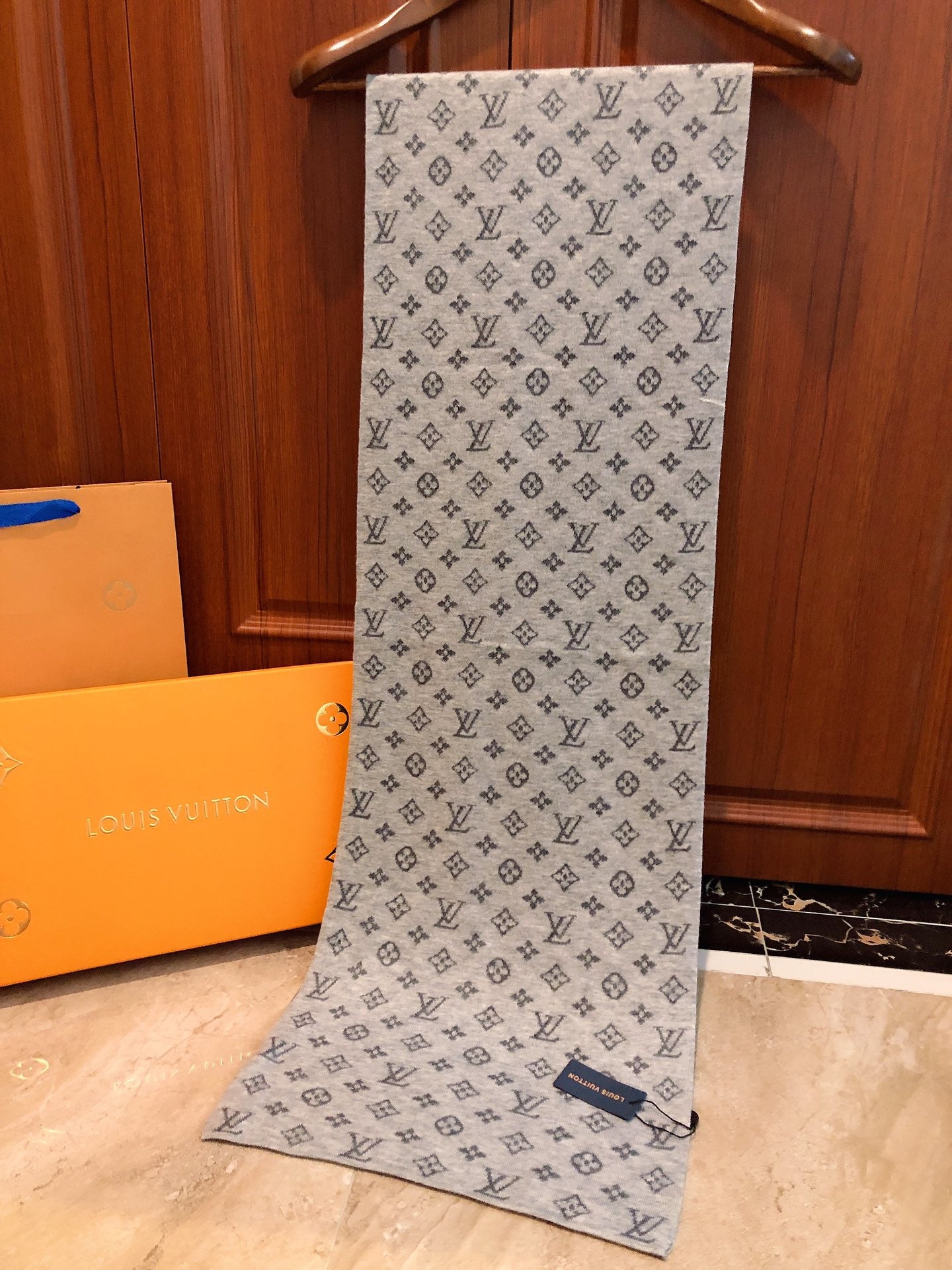 Classic Monogram Pattern Scarf, Grey and Blue Elegant Winter Neck Wrap, Luxury Style Fashion Accessory for Men and Women