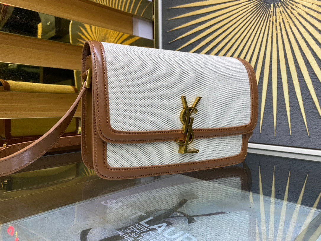 Saint Laurent Solferino Small Shoulder Bag in Canvas and Leather - White/Tan