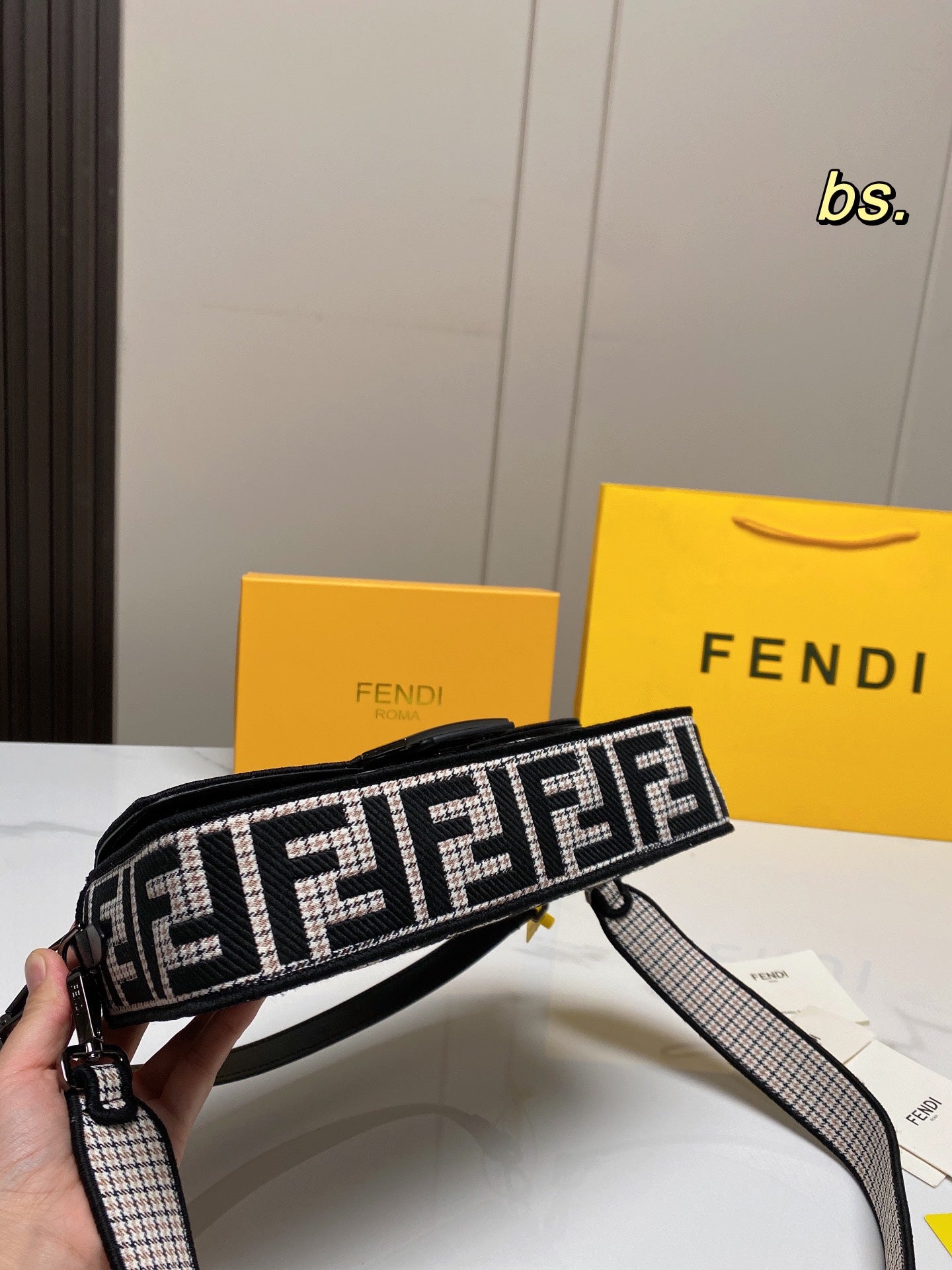 Fendi Baguette FF Monogram Shoulder Bag - Black &amp; White Fabric with Wide Strap