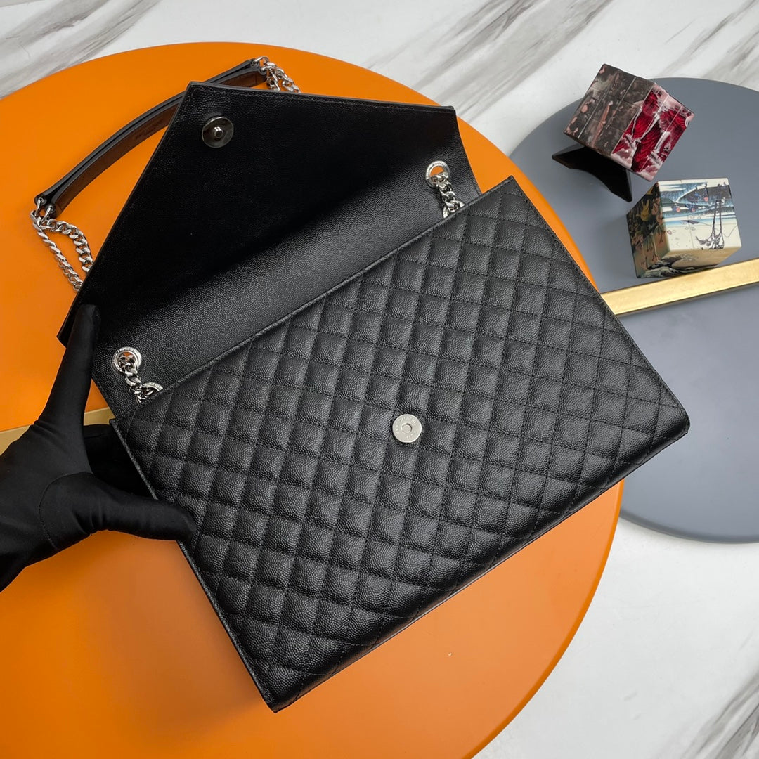 Saint Laurent Envelope Medium Bag in Mix Matelassé Grain de Poudre Leather - Black