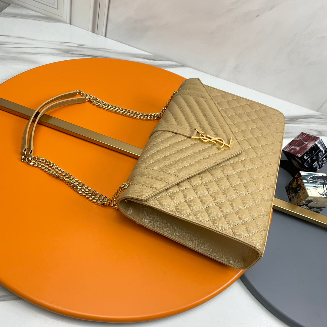 Saint Laurent Envelope Medium Bag in Mix Matelassé Grain de Poudre Leather - Beige