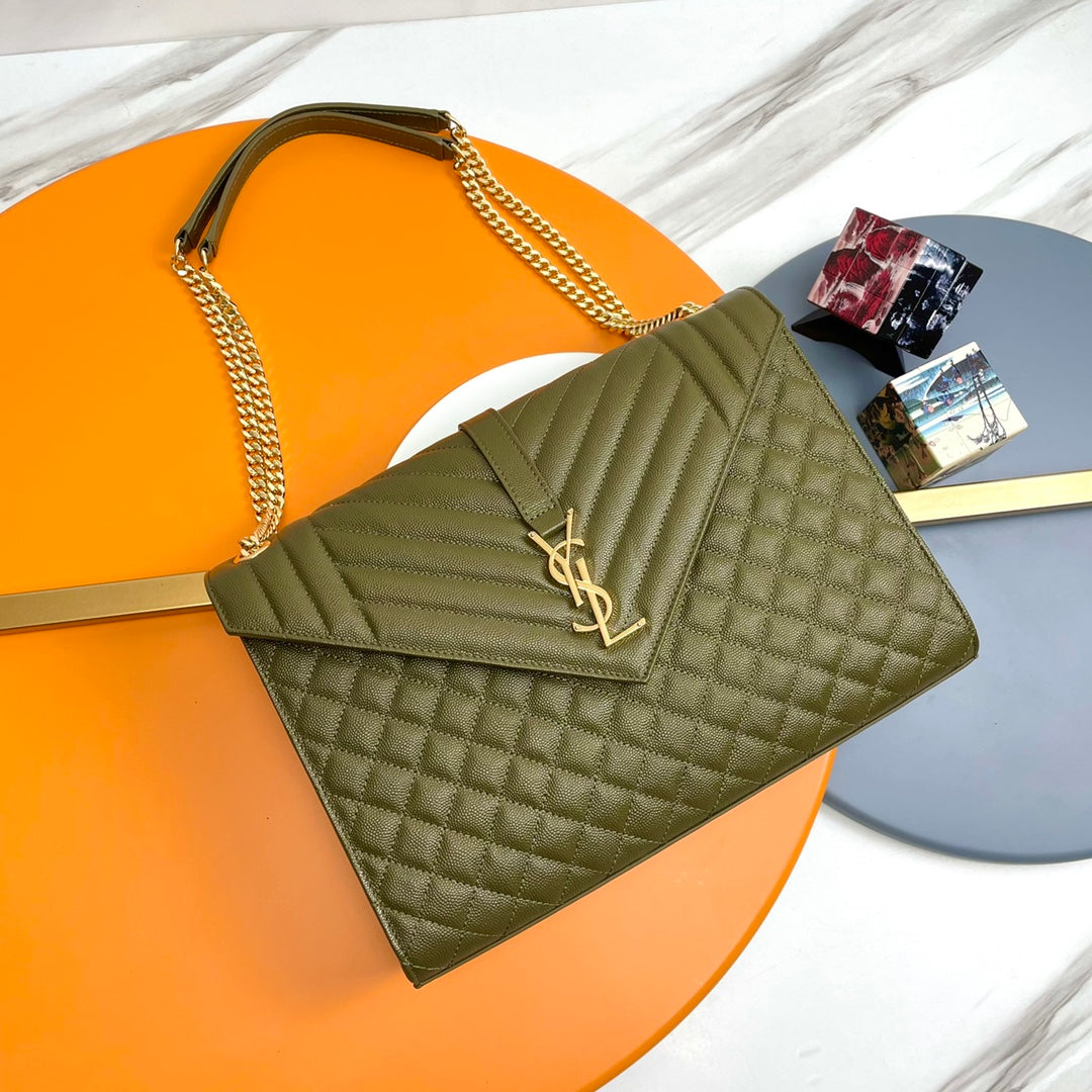 Saint Laurent YSL Envelope Medium Bag in Quilted Olive Green Leather