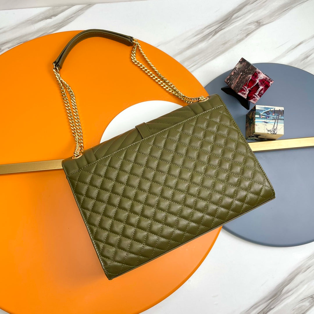 Saint Laurent YSL Envelope Medium Bag in Quilted Olive Green Leather