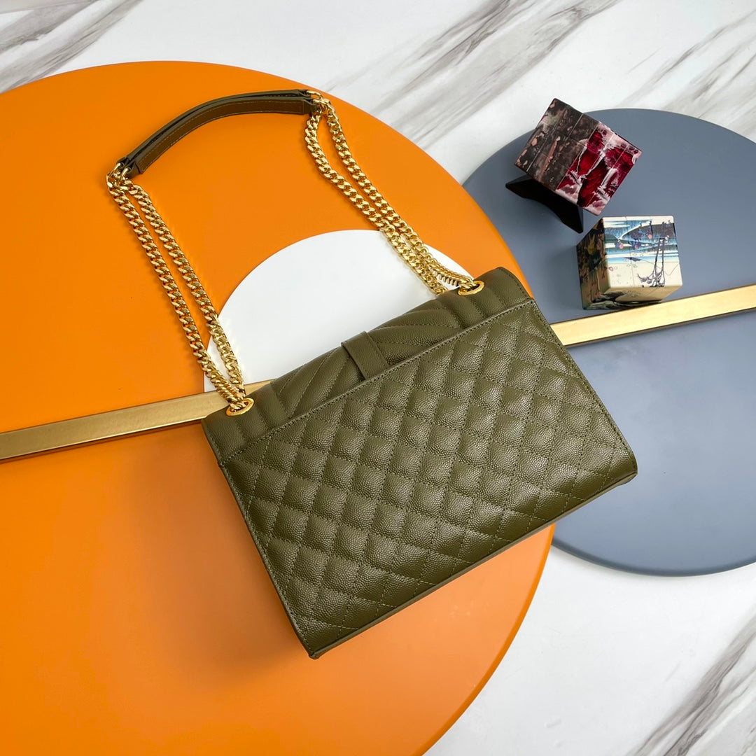 Saint Laurent Envelope Medium Quilted Leather Shoulder Bag - Olive Green