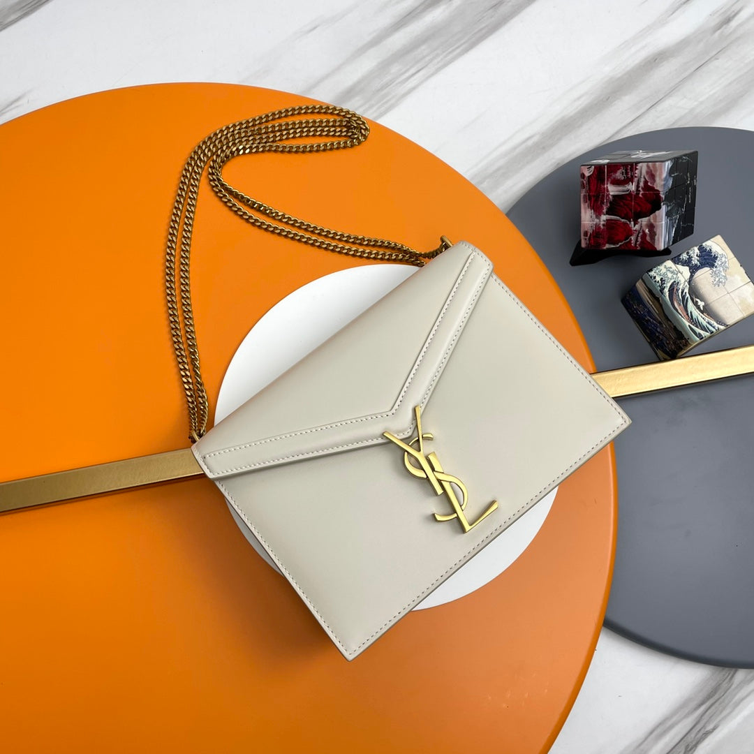 Saint Laurent Cassandra Envelope Chain Bag in Beige Leather with Gold Hardware