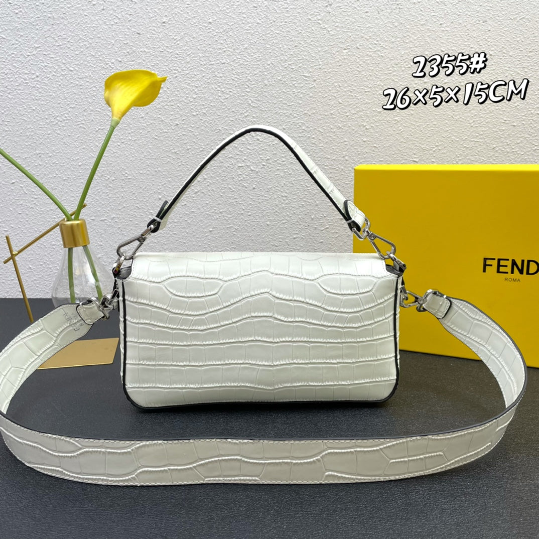 Fendi White Textured Leather Baguette Bag with Silver Hardware