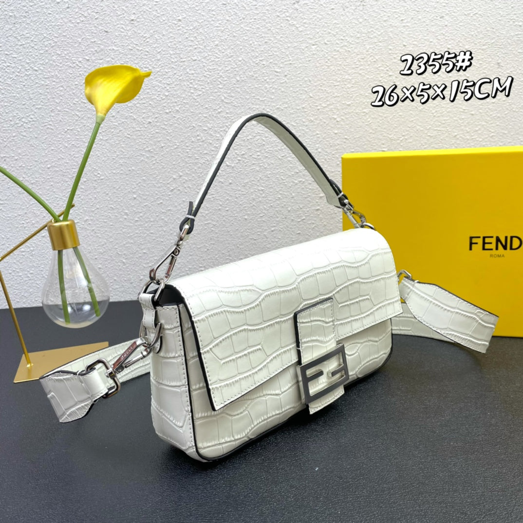 Fendi White Textured Leather Baguette Bag with Silver Hardware