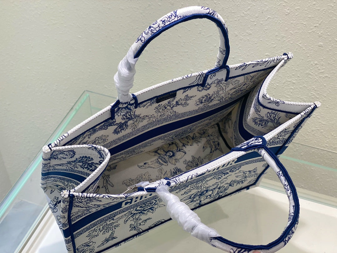Christian Dior Medium Book Tote - Blue Toile de Jouy Embroidery