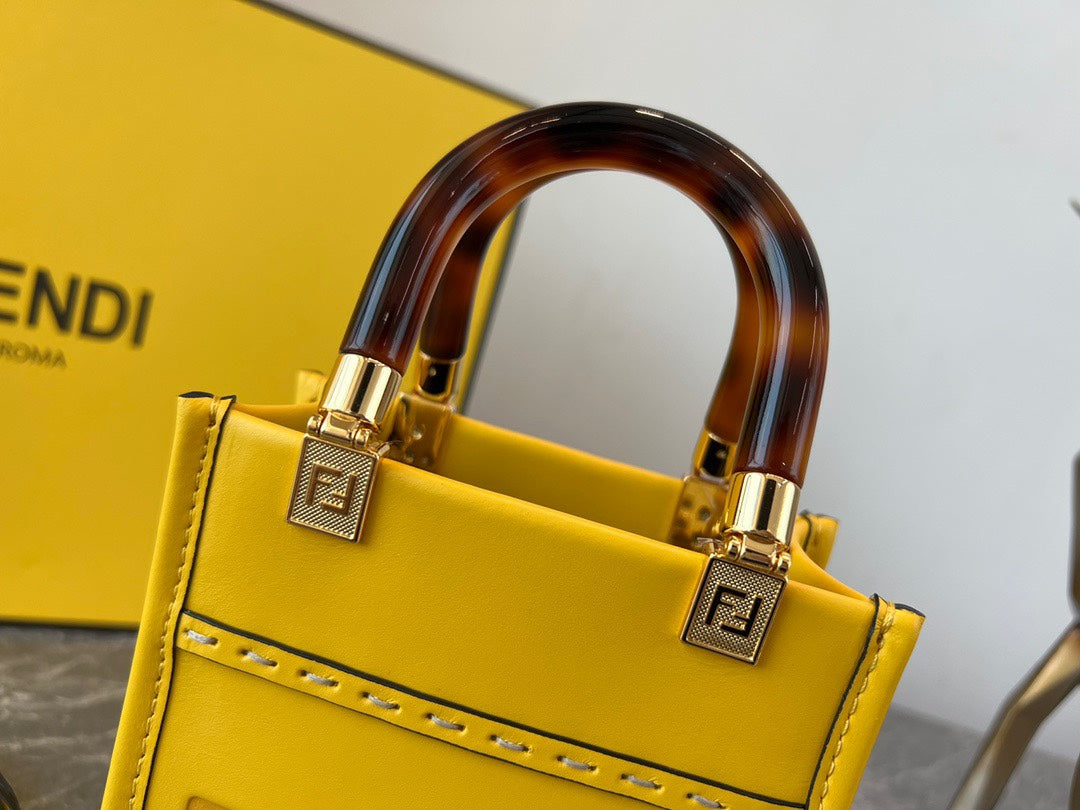 Fendi Mini Sunshine Shopper Bag - Yellow Leather Tote with Tortoiseshell Handles