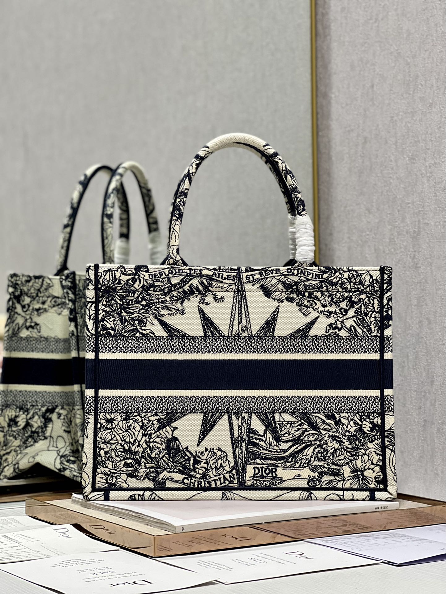Christian Dior Medium Book Tote Bag - Black and White Embroidered Toile de Jouy with Star Motif