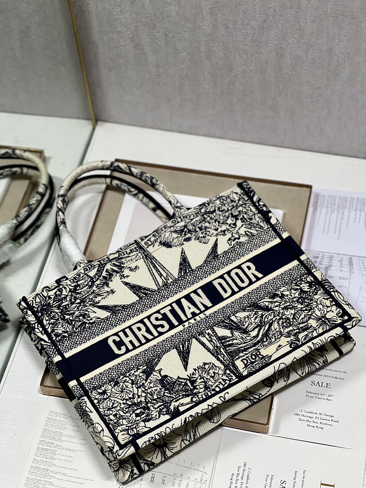 Christian Dior Medium Book Tote Bag - Black and White Embroidered Toile de Jouy with Star Motif