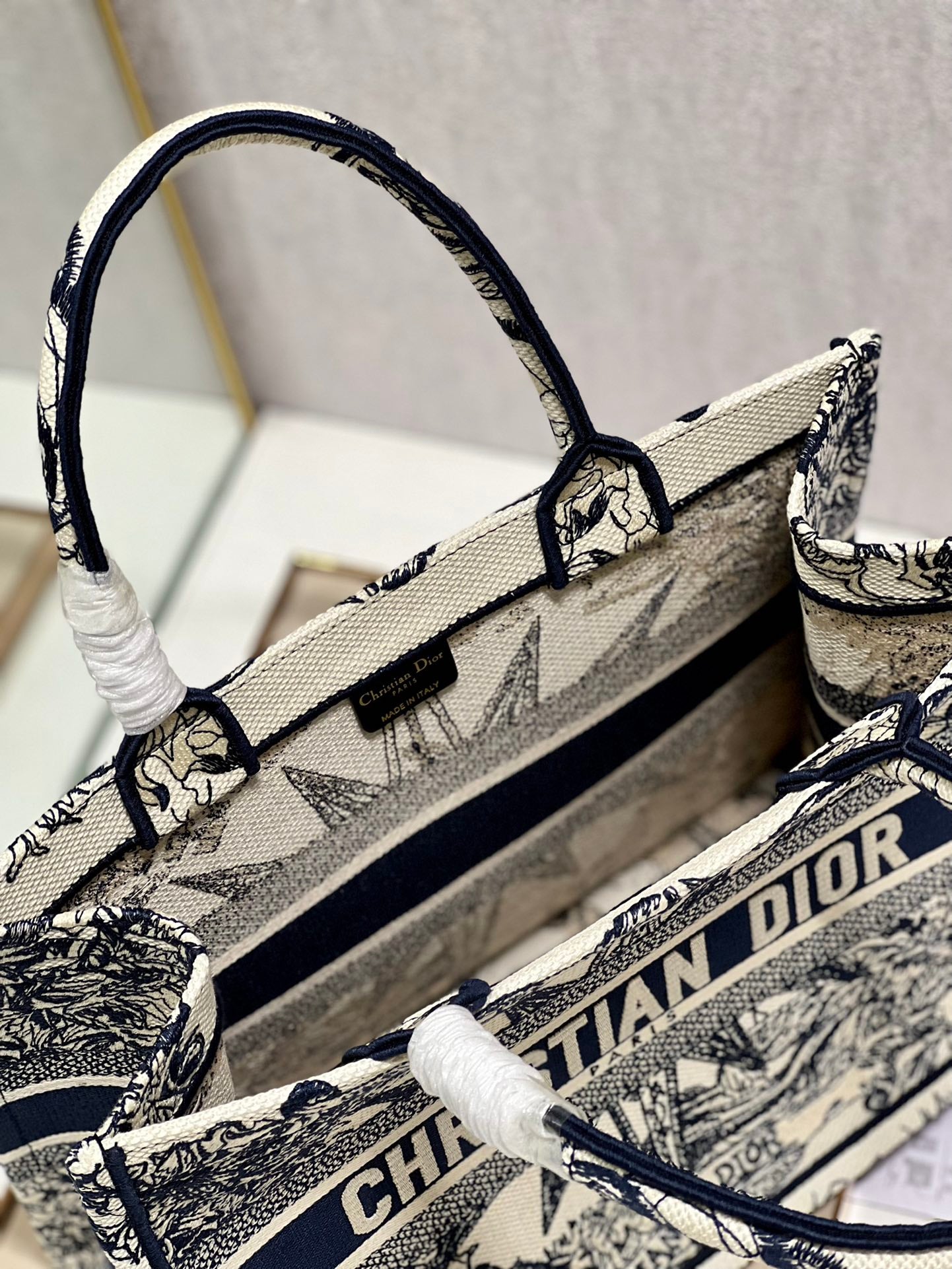 Christian Dior Medium Book Tote Bag - Black and White Embroidered Toile de Jouy with Star Motif