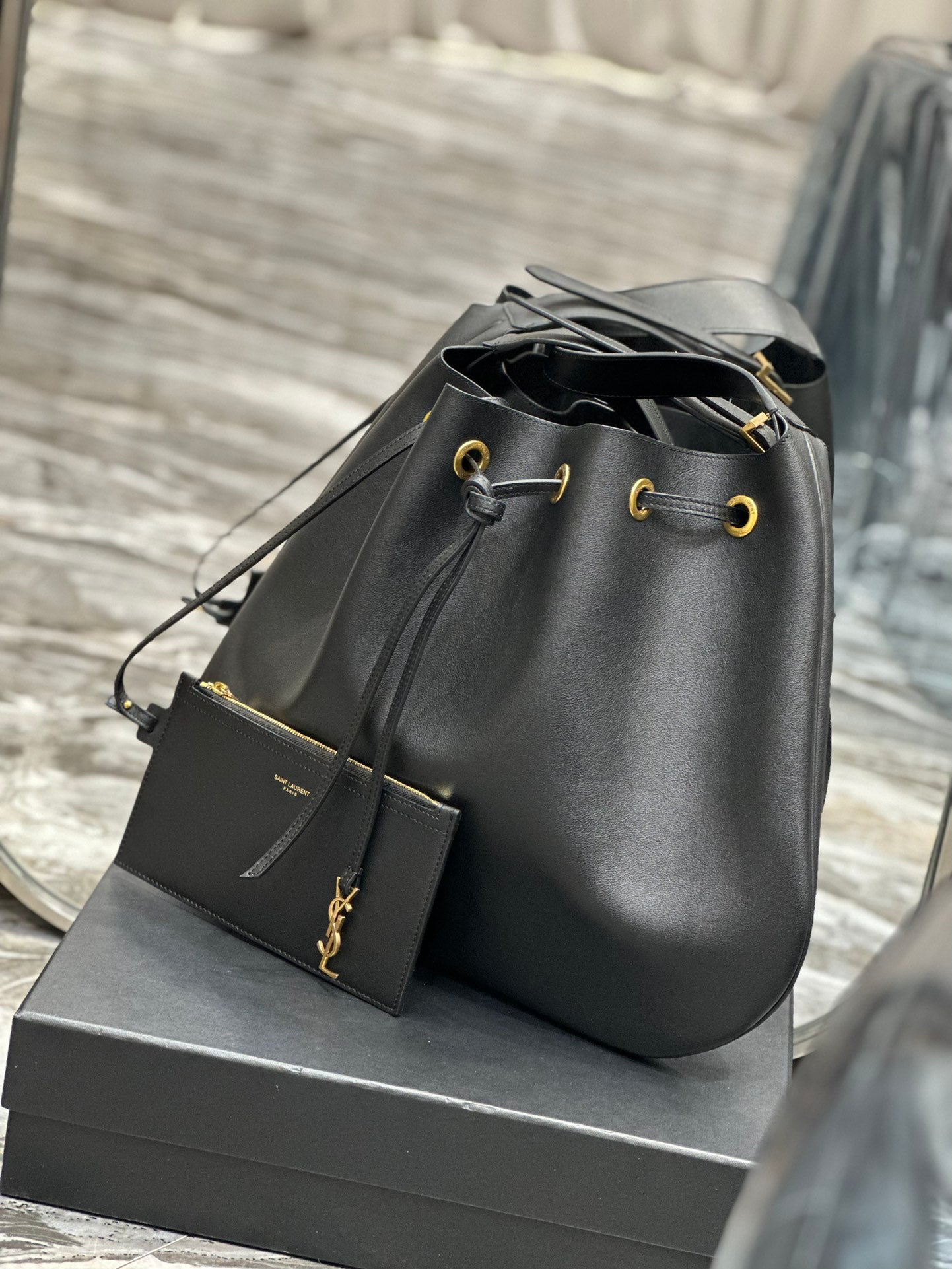 Saint Laurent Leather Drawstring Bucket Bag with Detachable Pouch - Black
