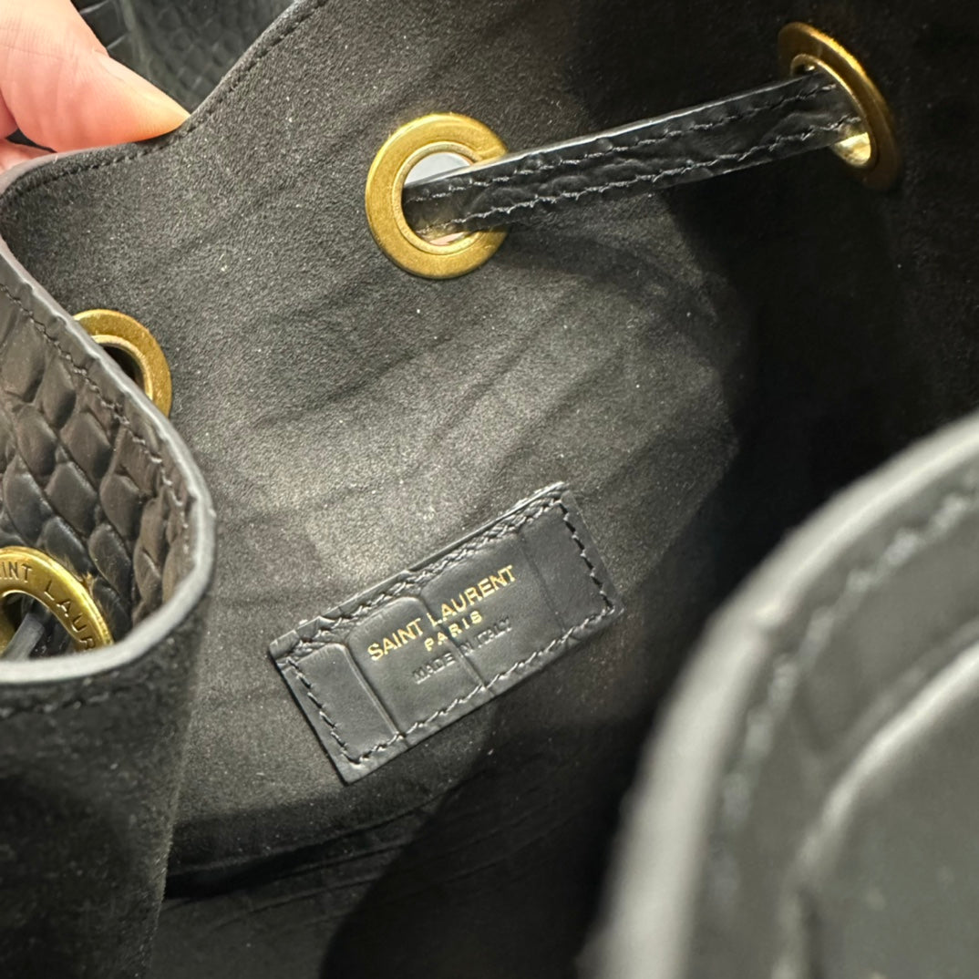 Saint Laurent Crocodile-Embossed Leather Bucket Bag with Pouch - Black