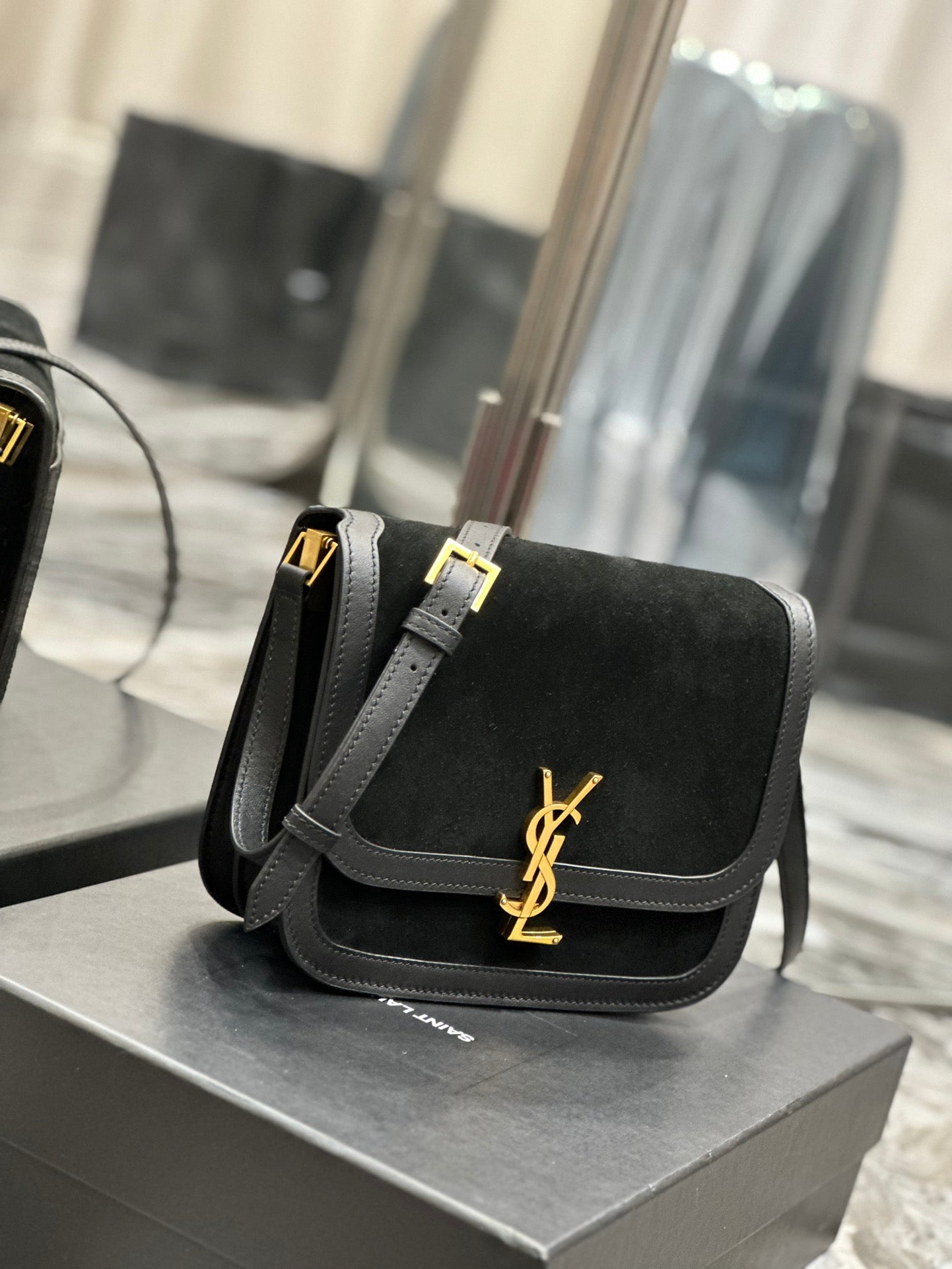 Saint Laurent Solferino Small Suede and Leather Shoulder Bag - Black