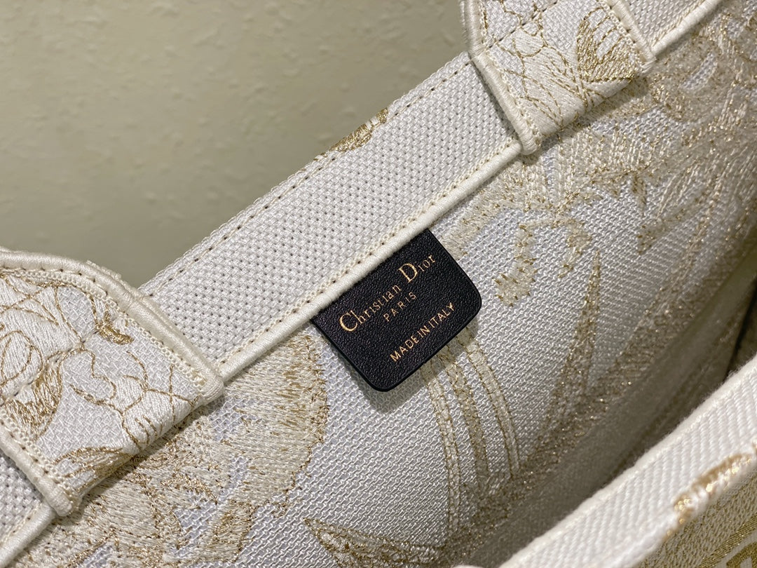 Christian Dior Medium Book Tote - Gold & White Rêve d'Infini Embroidered Canvas