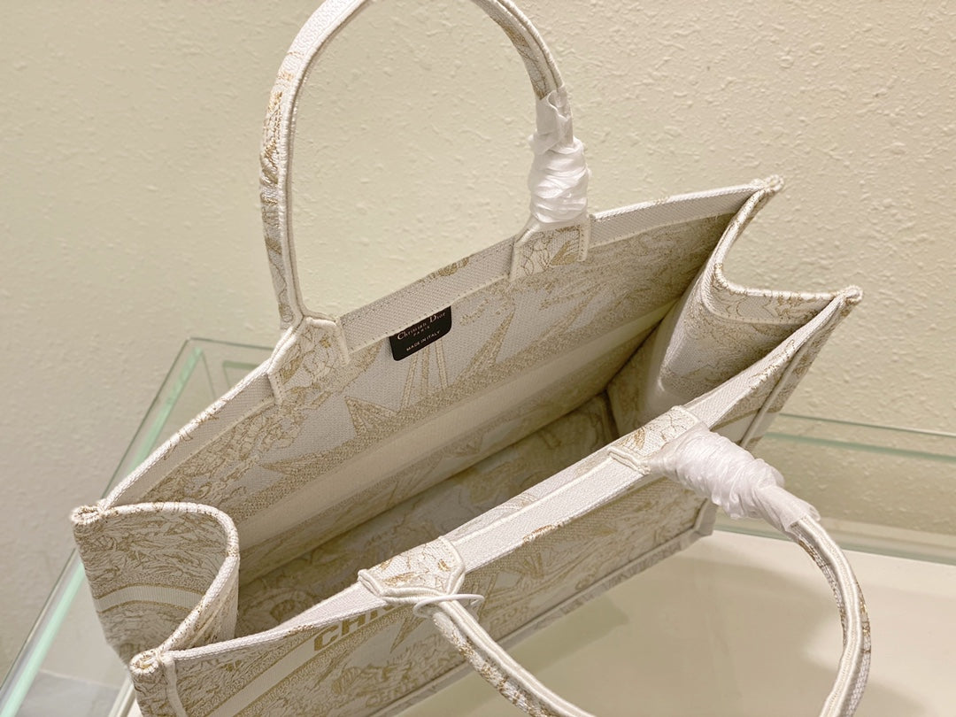 Christian Dior Medium Book Tote - Gold & White Rêve d'Infini Embroidered Canvas