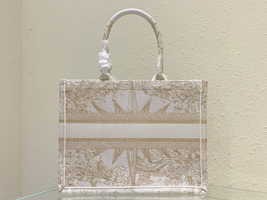 Christian Dior Book Tote Bag - White and Gold Toile de Jouy Zodiac Embroidery